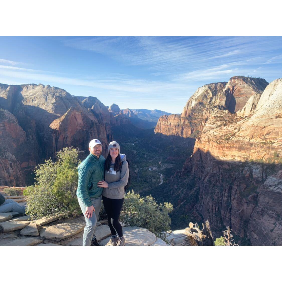 After Meredith dragged Mike up Angel's Landing in Zion National Park through chains and ropes with lots of elevation. One of our favorite National Parks to visit!