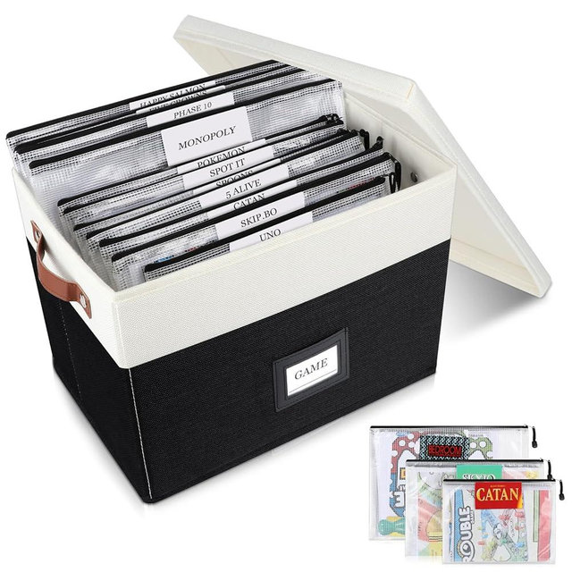 Board Game Storage, Board Game Organizer with 12pcs Zipper Bags and Writable Stickers, Board Game Organizers Storage with Lid for Office Supplies,Puzzles,Video Game,Craft Product (Black, 1-Pack Large)