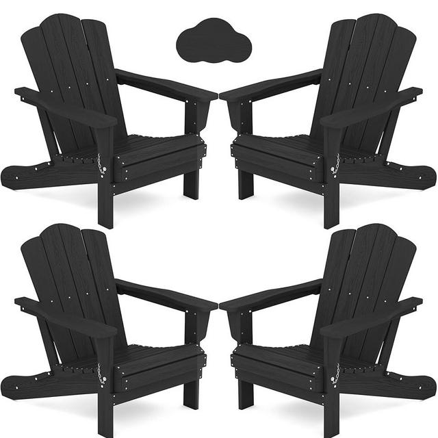 KINGYES Folding Adirondack Chair Set of 4, HDPE All-Weather Patio Chairs, Wooden Textured Lawn Chair for Poolside, Backyard, Deck, Fire Pit, Black