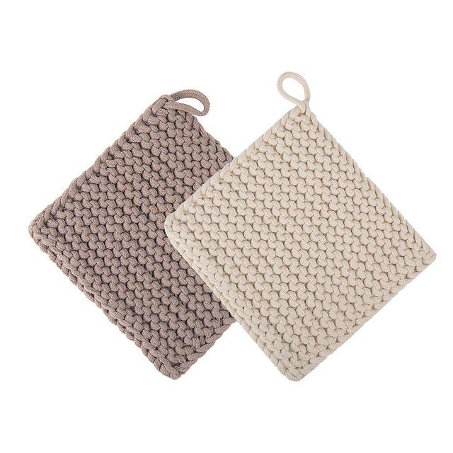 Eiyye Thick Crocheted Pot Holders, Handmade Hot Pads Without Pocket (2-Pack), 8"x8", High Heat Resistance (White and Taupe)