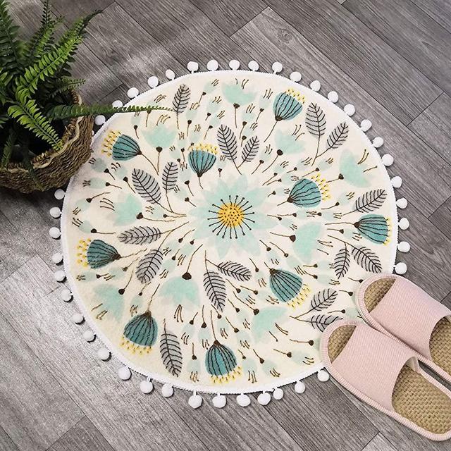Uphome Small Round Rug 2’ Circle Cute Bath Mat with Pom Poms Fringe Floral Plant Washable Bathroom Rugs Soft Non-Slip Circular Throw Rug Carpet for Shower Sink Powder Room Nursery Bedroom Table