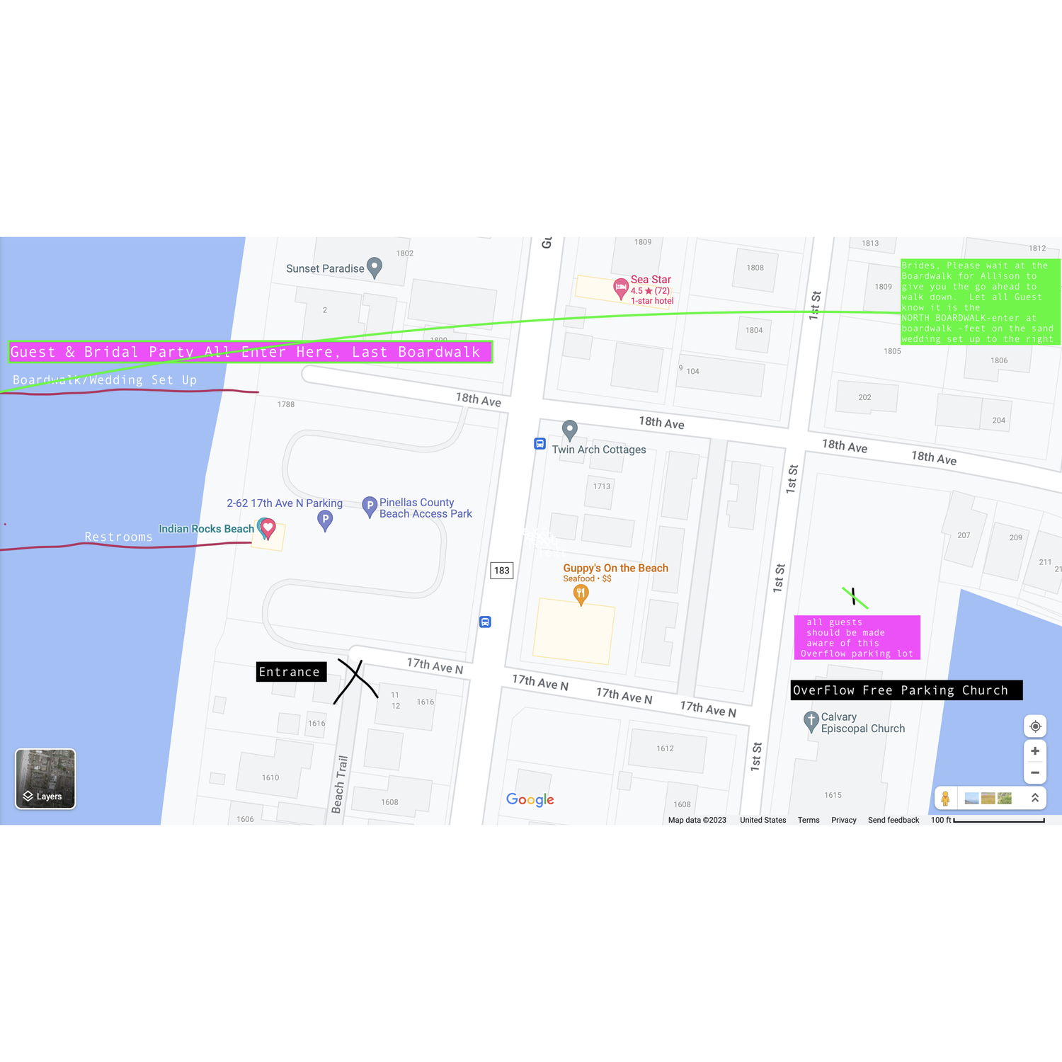 Map of beach and where to enter for wedding location.