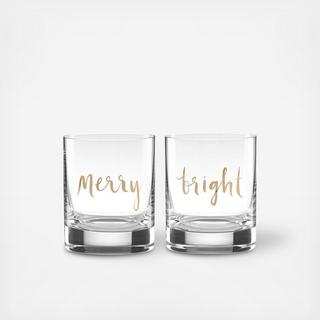 Oh What Fun Merry & Bright Double Old Fashioned Glass, Set of 2