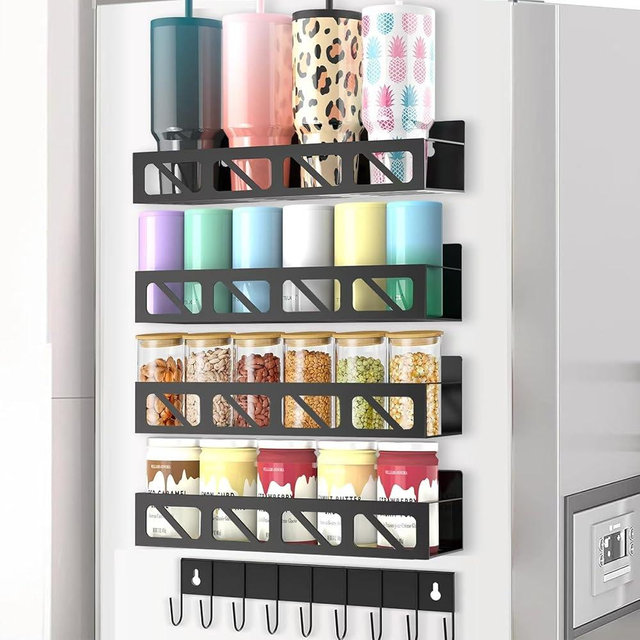 5 Pack Magnetic Spice Rack Organizer for Fridge Seasoning Organizer for Kitchen Storage with Screw or Adhesive Hanging ,Magnetic Shelf with Hook for Refrigerator and Oven (Black -1 & 4 Racks& 1 Hook)