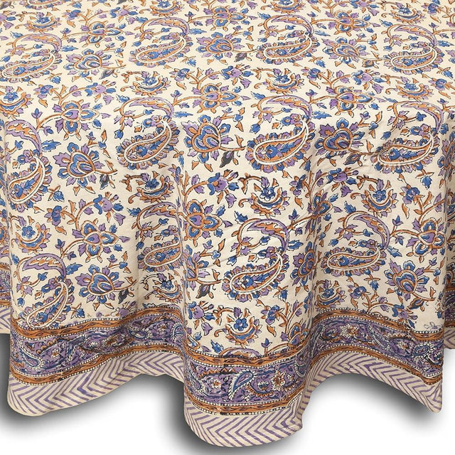 India Arts Hand Block Print Tablecloth Round 72 inch, 100% Cotton Blue Brown Purple Floral Table Cloth for Kitchen Dining Linen, Weddings, Holiday Party, Restaurant, Summer/Fall/Winter Home Decor