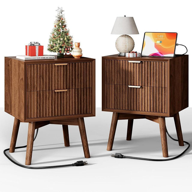 FavourLife Fluted Nightstand, Night Stand Set 2, Nightstands Set of 2 with Beveled Edges & Solid Wood Legs, 2 Drawer Wooden End Table with Charging Station, Modern Bedside Table for Bedroom, Walnut