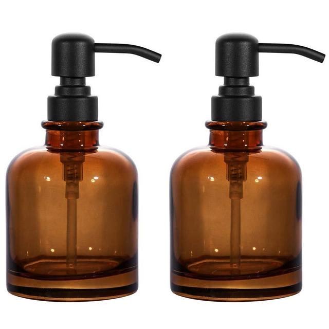 2 PCS Thick Amber Glass Jar Soap Dispenser with Matte Black Stainless Steel Pump, 10ounce Boston Round Bottles Dispenser with Rustproof Pump for Essential Oil (Matte Black)