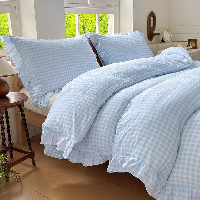 NSNLGSGC Light Blue Gingham Ruffle Duvet Cover Queen Size, 3 Pieces Soft Pre-Washed Microfiber Checked Plaid Comforter Cover Set, Vintage Farmhouse Bedding Set(Blue Gingham, Queen 90"x90")