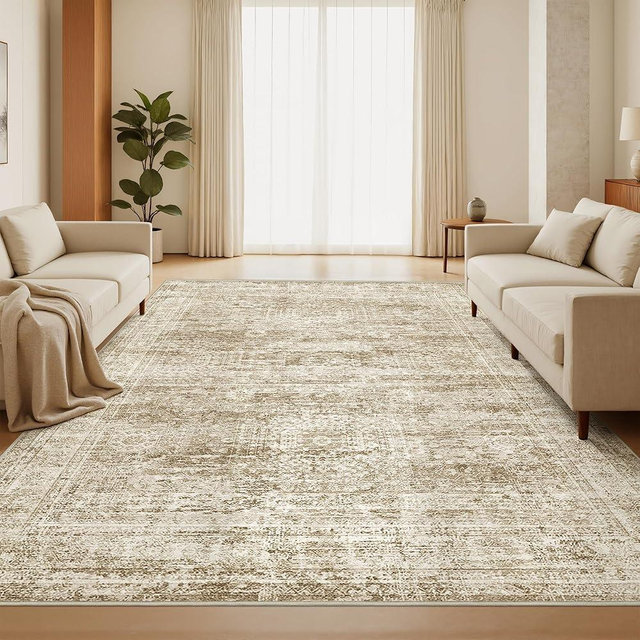 Restydon 5x7 Area Rugs, Ultra-Thin Washable Rugs for Living Room, Anti-Slip Backing Area Rug for Bedroom, Soft Abstract Vintage Home Decor Rug for Dining Room(5'x7', Brown/Ivory)