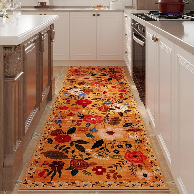 Rugcomf Runner Rug for Fall Kitchen Runner Rug Non Slip 2'x 6' Washable Runner Rugs with Rubber Backing Soft Floral Carpet Runner for Hallways, Kitchen, Laundry, Bedroom, Bathroom(Yellow)