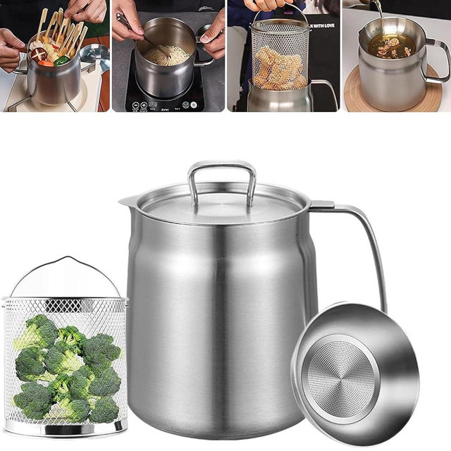 NIZEFEI 68oz/2L 304 Stainless Steel 3-in-1 Multifunctional Oil Strainer Pot, Deep Frying Basket, Grease Container for Kitchen