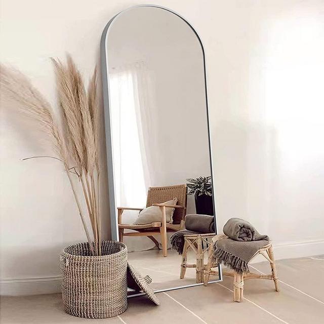 NeuType Arched Full Length Mirror Standing Hanging or Leaning Against Wall, Oversized Large Bedroom Mirror Floor Mirror Dressing Mirror, Aluminum Alloy Thin Frame, Silver, 65"x22"