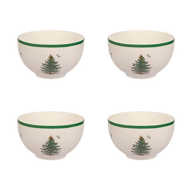 Spode Christmas Tree Collection Rice Bowl, set of 4, 6-Inches, Round, Ceramic Bowl for Soup, Frozen Meals, Stews, and Sticky Rice Dinners, Dishwasher and Microwave Safe