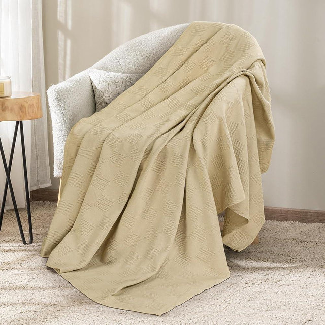 Utopia Bedding Tan 100% Cotton Blanket [Throw Size - 60x50 Inch] 350GSM Lightweight, Soft and Breathable Thermal Blanket for All Seasons