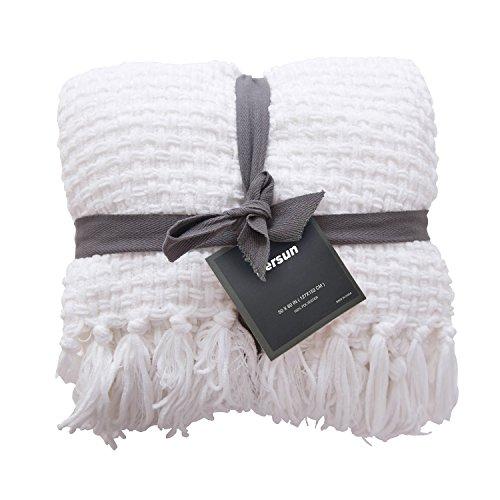 PERSUN Lightweight Throw Blanket Soft Decorative Knit Blankets with Fringe for Sofa Couch Home Decor, 50" x 60", White