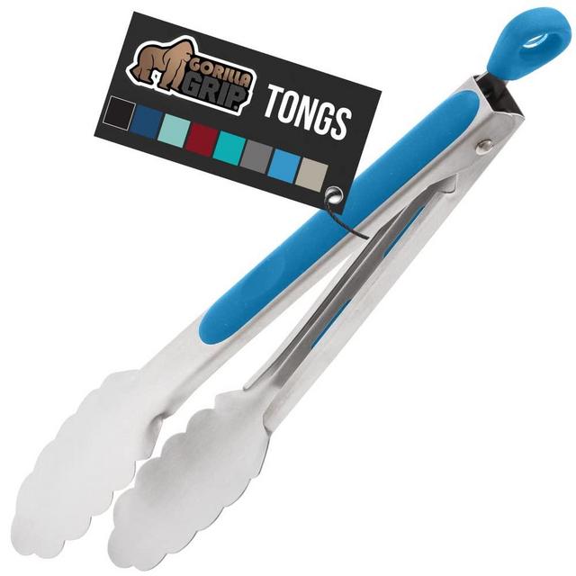 Gorilla Grip Stainless Steel Metal Tongs, Heat Resistant up to 484 Degrees, Kitchen Utensil, Comfortable Silicone Handle, Easy Pull Lock, Strong Kitchen Tong for Cooking, Grilling, BBQs, 9 Inch, Aqua