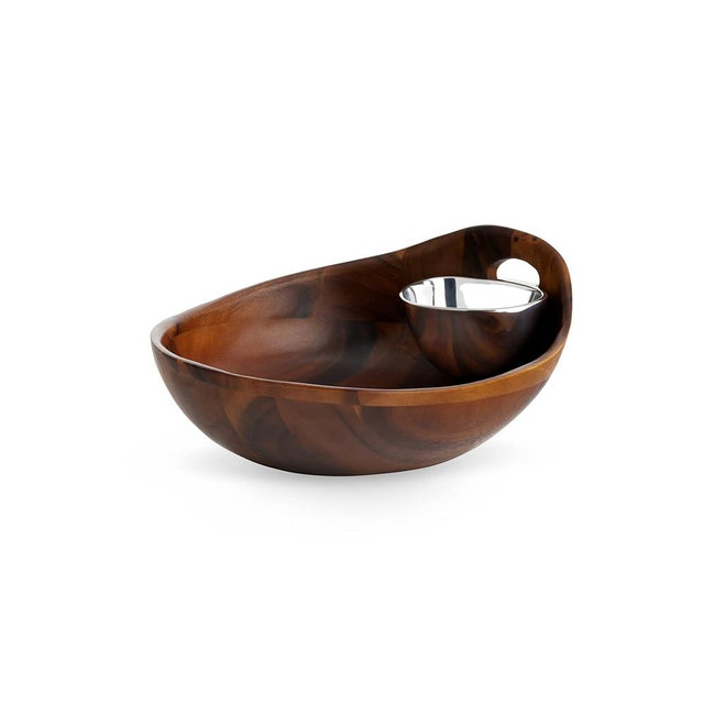Nambe Portables Chip and Dip Server | Chips and Salsa Serving Dish | Salad Bar Serving Set for A Party | Chilled Dip Serving Bowl | Made of Acacia Wood and Metal Alloy (6-inch)