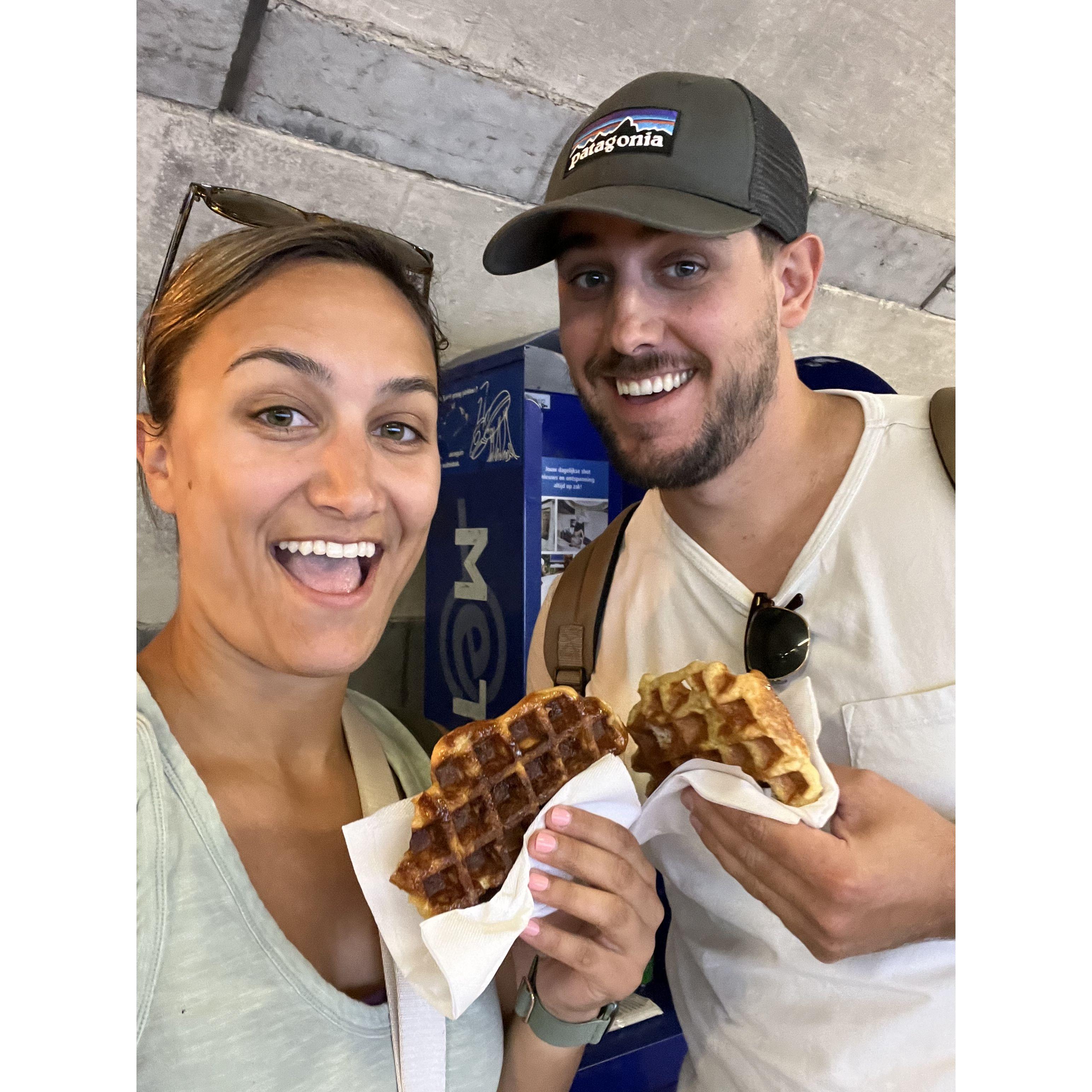 Our first waffle in Belgium! Right off the train