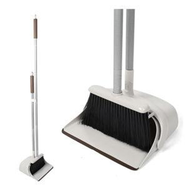 54" Long Handled Broom and Dustpan Set - Perfect Dust Pan and Brush Combo for Efficient Cleaning, Brown and White