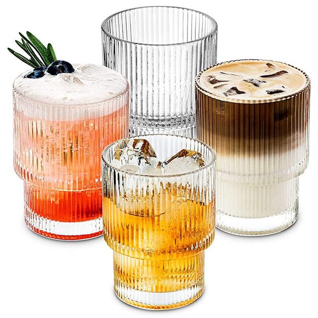 Combler Drinking Glasses, Rocks Cocktail Glasses 6 oz, Ribbed Glass Cups Set of 4, Coffee Bar Accessories, Cute Ribbed Glassware for Whiskey Beer Tea Soda Iced Coffee Cup, Birthday Gifts for Women