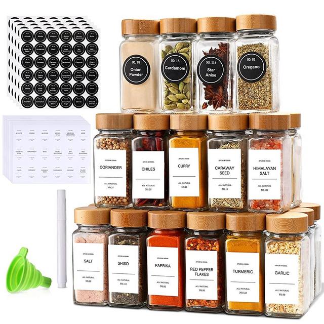 Spice Jars with Label-4oz 15 Pcs，DIMBRAH Glass Spice Jars with Bamboo Lids，Spices Container Set with White Printed Spice Labels，Kitchen Empty Spice Jars