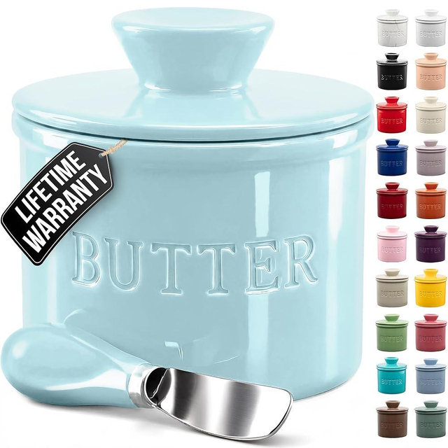 Zulay Kitchen Bell Shaped Butter Crock with Lid for Countertop with Water Line & Spreader Knife, Ceramic French Butter Dish Keeper For Fresh, Soft & Spreadable Butter - Light Blue