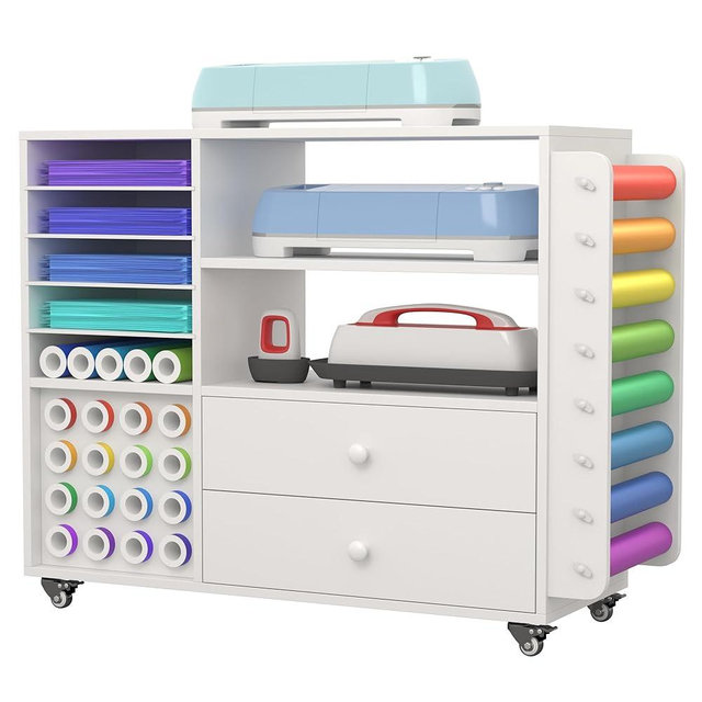 Craft Organization and Storage Cart Compatible with Cricut Machine Cricut Table, Rolling Craft Organizer with Two Large Drawer & 24 Vinyl Roll Holder & Paper Storage Organizer, for Craft Machines