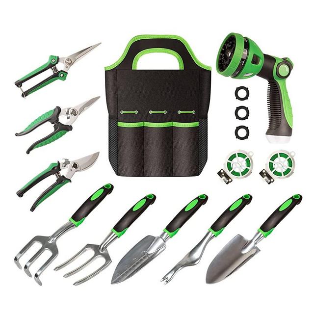 Garden Tools Set 12 Pcs, Include Aluminum Alloy Steel Gardening Tools, Hose Nozzle Sprayer, Pruning Shears Set and Garden Bag, Non-Slip Ergonomic Handle Tools, Gardening Gifts for Women and Men