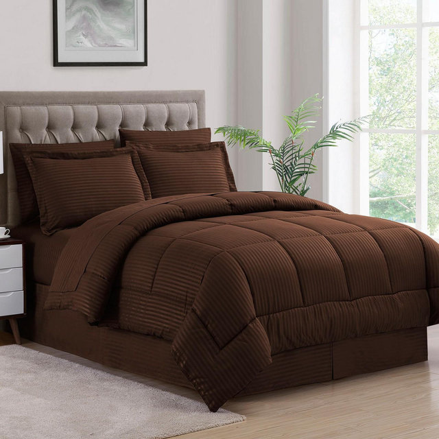 8 Piece Embossed Dobby Stripe Bed In A Bag Set - Queen, Chocolate