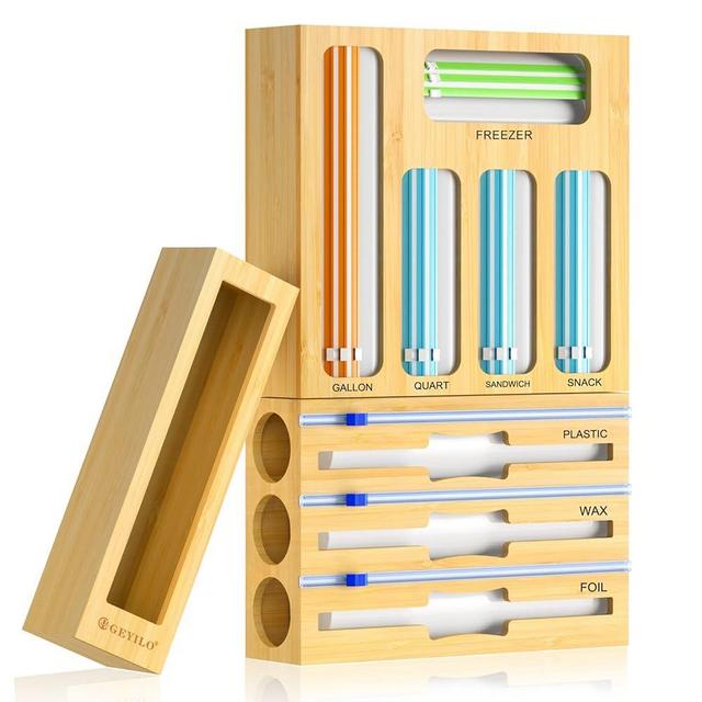9 IN 1 Storage Bag Organizer for Kitchen Drawer, Bamboo Foil and Plastic Wrap with Cutter, Kitchen Organizers and Storage, Compatible with Gallon, Quart, Sandwich and Snack Variety Size Bag