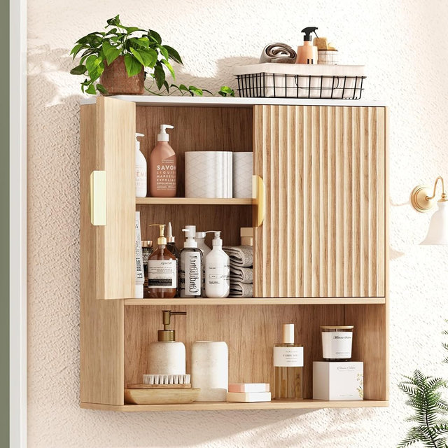 BGHIFEE Bathroom Wall Cabinet, Wall Mounted Storage Cabinet with Fluted Doors & Adjustable Shelf, Medicine Cabinet Over the Toilet Storage for Bathroom & Laundry Room & Kitchen, Natural Wood Finish