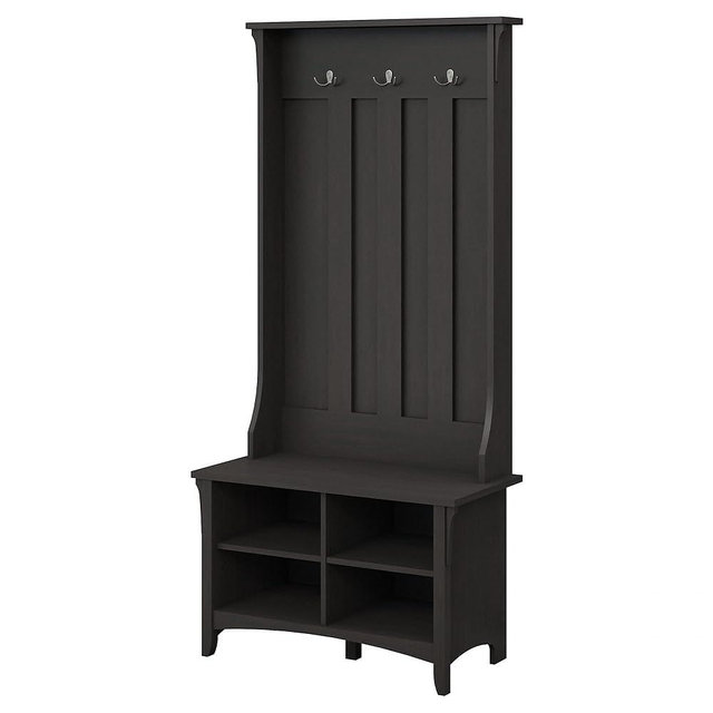 Bush Furniture Salinas Hall Tree with Shoe Bench in Vintage Black | Entryway Storage Set | Mudroom Organizer with Coat Rack and Footwear Shelves Large