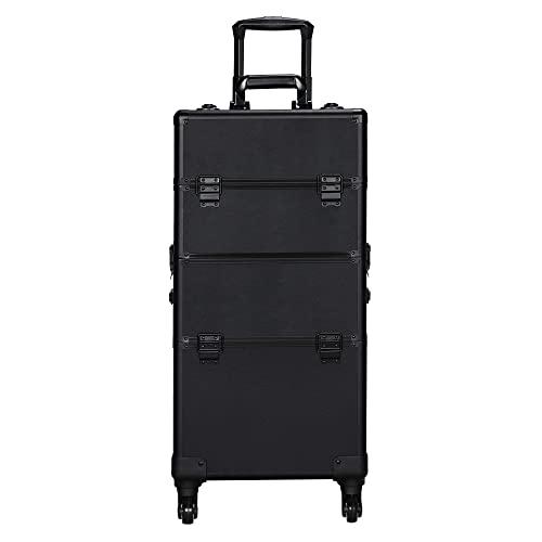 Yaheetech 3 in 1 Aluminum Cosmetic Case Professional Makeup Train Case Large Capacity Trolley Makeup Travel Case Black