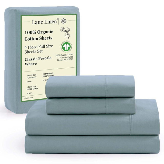 LANE LINEN 100% Organic Cotton Full Sheets Set 4-Piece Pure Percale Soft Bedding Breathable Fits Mattress Upto 15" Deep - French Blue