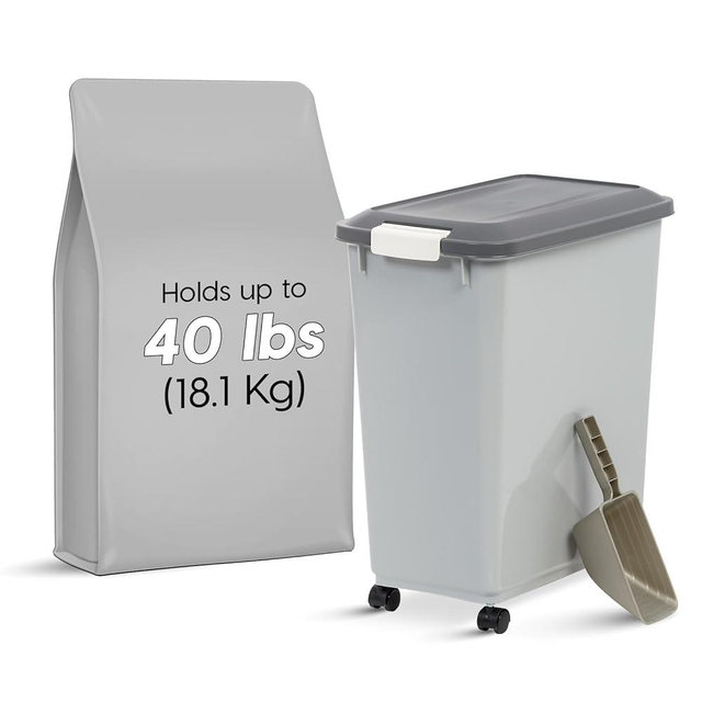 IRIS USA Dog Food Storage Container with Wheels, Airtight Lid, 2-Cup Scoop, Up to 40 Pounds Pet Food Storage, Built in Scoop Storage in Lid, Versatile Pet Food Bin, Portable, BPA Free, Gray/Dark Gray