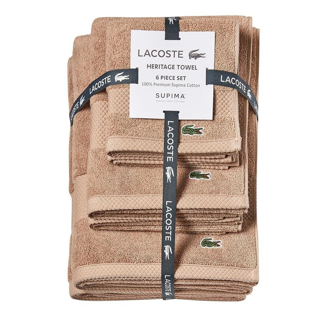Lacoste Heritage Supima Cotton 6-Piece Towel Set, 2 Bath Towels, 2 Hand Towels, 2 Washcloths, Sand – Highly Absorbent & Quick Drying, Bathroom Essential, Machine Washable
