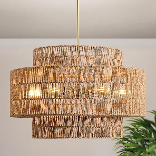InterMaka 24” Boho Large Rattan Chandelier Light Fixture,6-Light Large Hand Woven Pendant Light Fixture Farmhouse Rustic Chandeliers for Kitchen Bedroom, Dining Room, Living Room, Hallway, Foyer