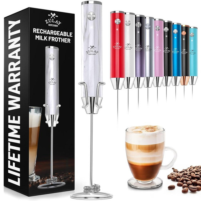 Zulay Kitchen Lux Rechargeable Milk Frother Handheld - Powerful 2-Speed Motor, Fully Waterproof, 2000mAh Battery - Drink Mixer For Latte, Cappuccino, Matcha, Protein Powder - Marble