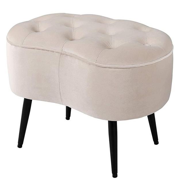 BirdRock Home Tufted Oblong Tan Ottoman – Velvet Foot Stool – Mid Century Modern Steel Legs - Soft Compact Padded Stool - Living Room or Bedroom – Vanity Chair – Extra Seating - Decorative Furniture