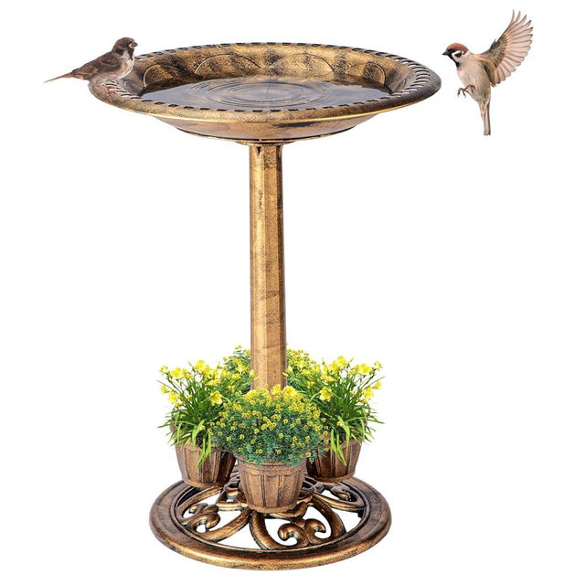 Demeyad Bird Bath for Outside with 4 Removable Flower Planters 28in Polyresin Lightweight Vintage Birdbath for Outdoors Stake Standing Bowl and Water Feeder Yard Garden Decor Bronze