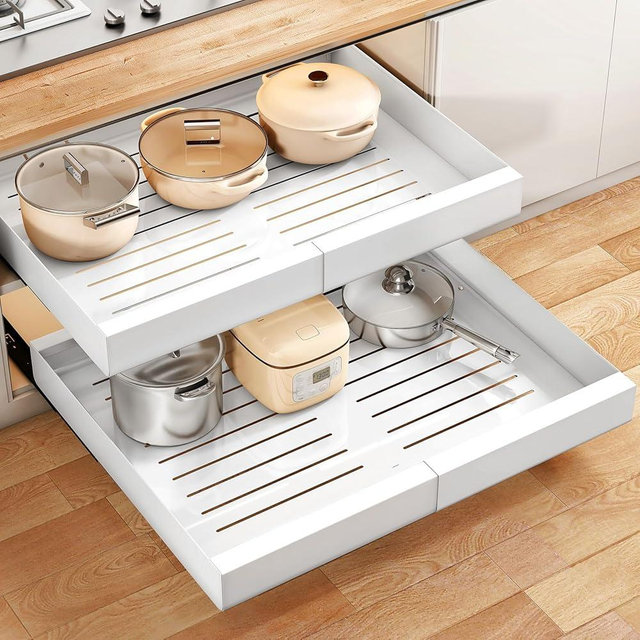 Wider Pull out Cabinet Organizer, Expandable(13.6"-24") Heavy Duty Peel and Stick Roll out Drawer for Pots and Pans, Adjustable Adhesive No Drill Screw Slide out Shelf Storage for Home Kitchen Pantry