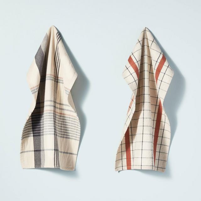 2pk Assorted Fall Plaid Kitchen Towel Set Pumpkin Brown/Blue - Hearth & Hand™ with Magnolia
