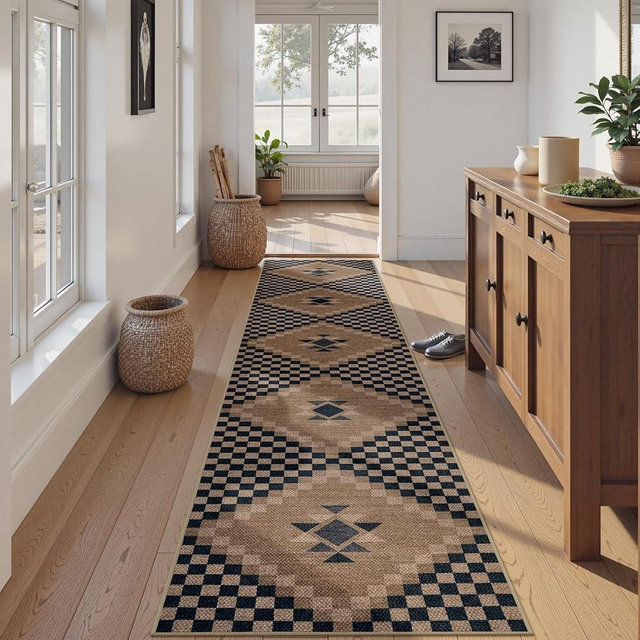 LIVEBOX No Shed Jute Checkered Runners Rug for Hallways Non Slip 2.5x12, Ultra Thin Washable Runner Rug Farmhouse Long Rugs for Kitchen, Black and Beige Floor Carpet for Entryway Laundry Room