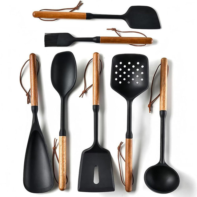Premium Silicone Cooking Utensils Set - Non-Toxic, Heat-Resistant Kitchen Utensils Set with Food-Grade Silicone & Wood Handles - Includes Spatula & Spoon for Non-Stick Cookware, Black