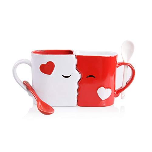 Kissing Mugs Set, Exquisitely Crafted Two Large Cups, Each with Matching Spoon, For Him and Her on a Birthday, Anniversary, Wedding, Engagement, Bridal Shower or Anytime a Couple Wishes by Blu Devil