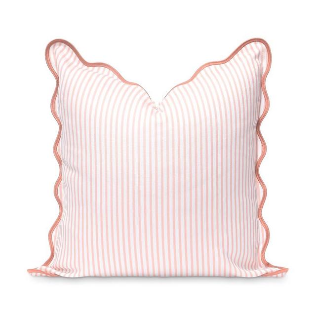 Hofdeco Premium Coastal Patio Indoor Outdoor Scalloped Throw Pillow Cover Only, 20"x20" Water Repellent for Backyard, Couch, Blush Pink Print Stripes