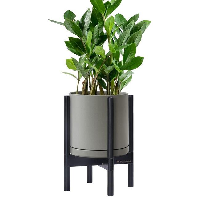 D'vine Dev Ceramic Planter with Ebony Stand - 10 Inch Modern Round Flower Pot with Wood Planter Holder, Grey, 55-B-L-3