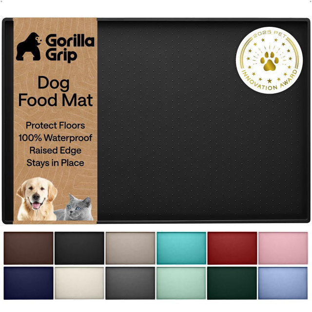 GORILLA GRIP 100% Waterproof Raised Edge BPA Free Silicone Pet Feeding Mat, Dog Cat Food Mats Contain Spills Protects Floors, Placemats for Cats and Dogs Water Bowl, Pets Accessories 26x17 Black