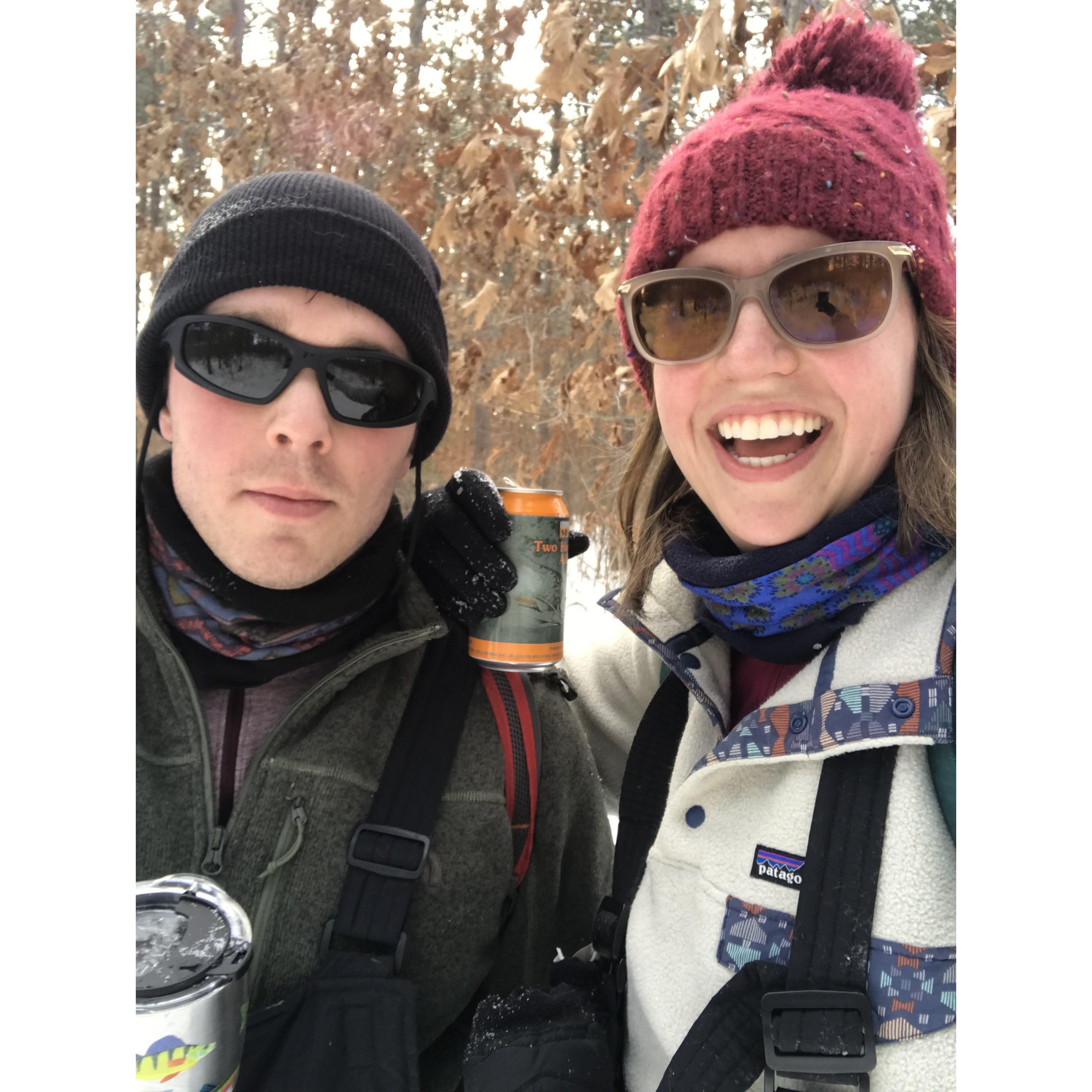 Beer break. Snowshoeing in Wisconsin.