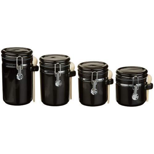Anchor Hocking 4-Piece Ceramic Canister Set with Clamp Top Lid and Wooden Spoon, Black
